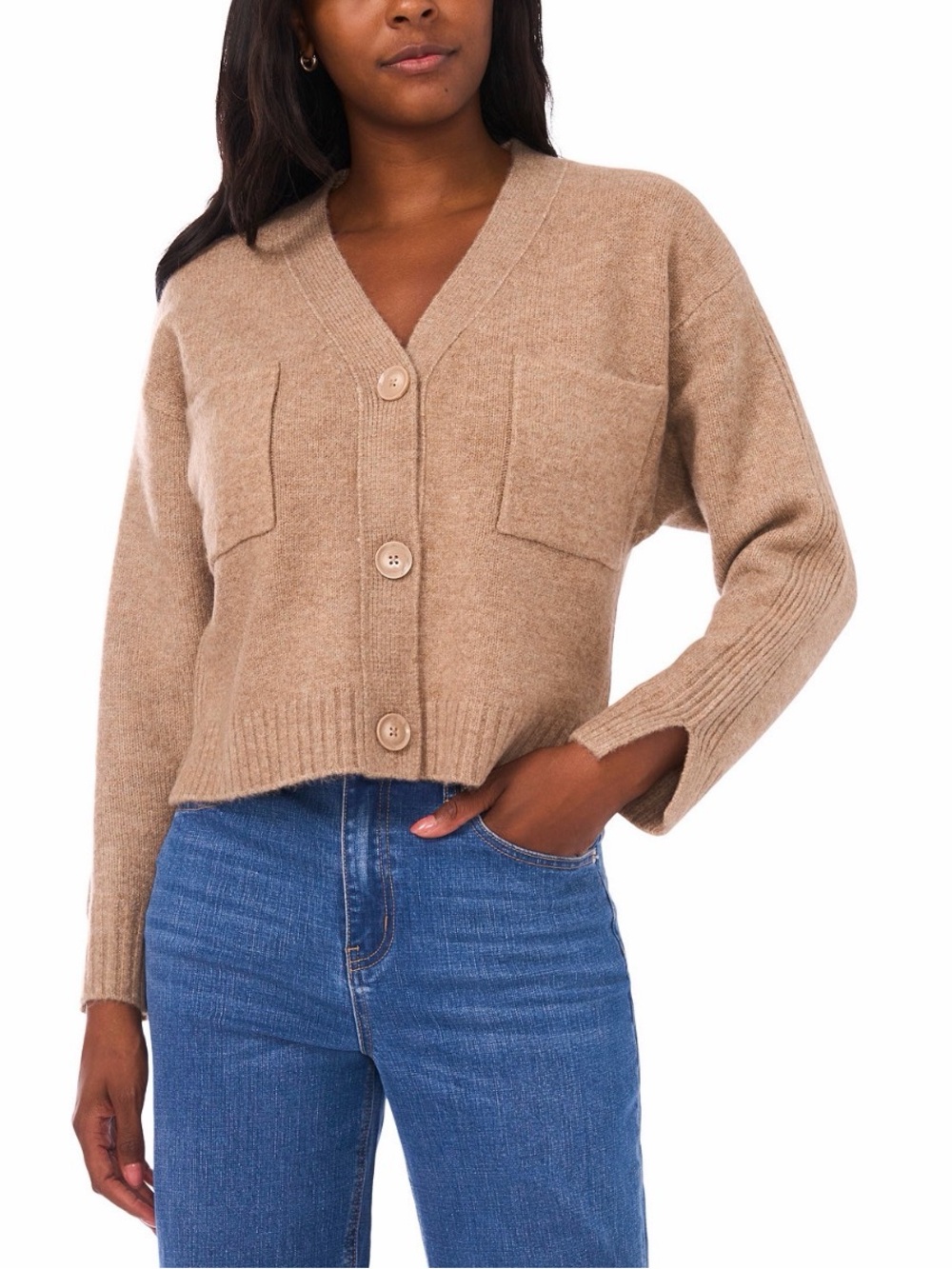 1. State Cropped Button-Front Cardigan Sweater - Camel/Tan